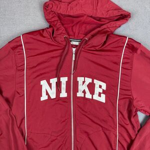 Vintage Nike Jacket Adult Sz Large Red Zip Poly Hoodie White Logo Embroidery